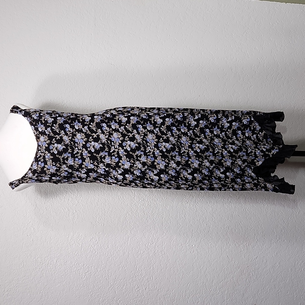 Black Floral Midi Slip Dress with Lavender Accents